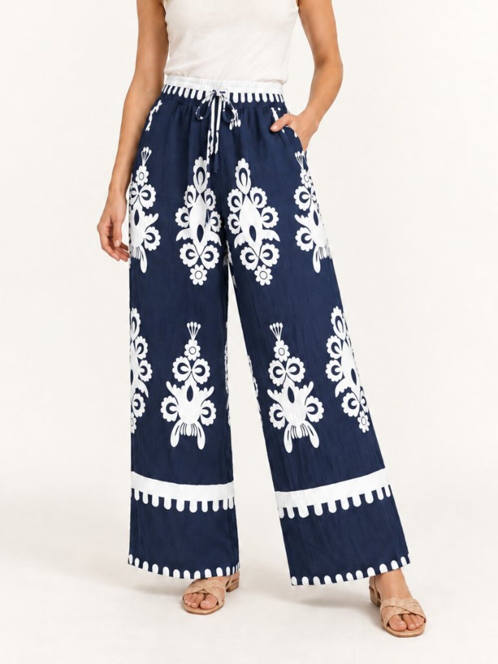 Boho Navy White Tribal Print Flowy Pants L/XL NWT